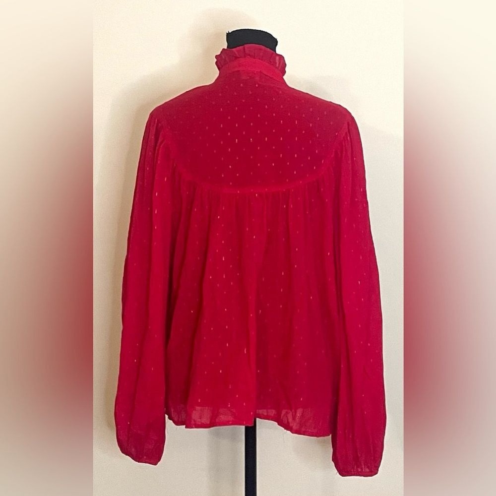 Chaps Red Metallic Gold Clip Dot Ruffle Neck Balloon Sleeve Blouse XL - Picture 4 of 8